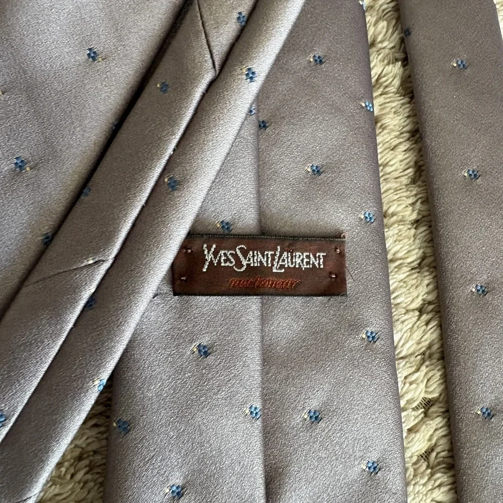 Vintage YSL Yves Saint Laurent Tan Blue Embroidered Logo Floral Dots Silk 70's